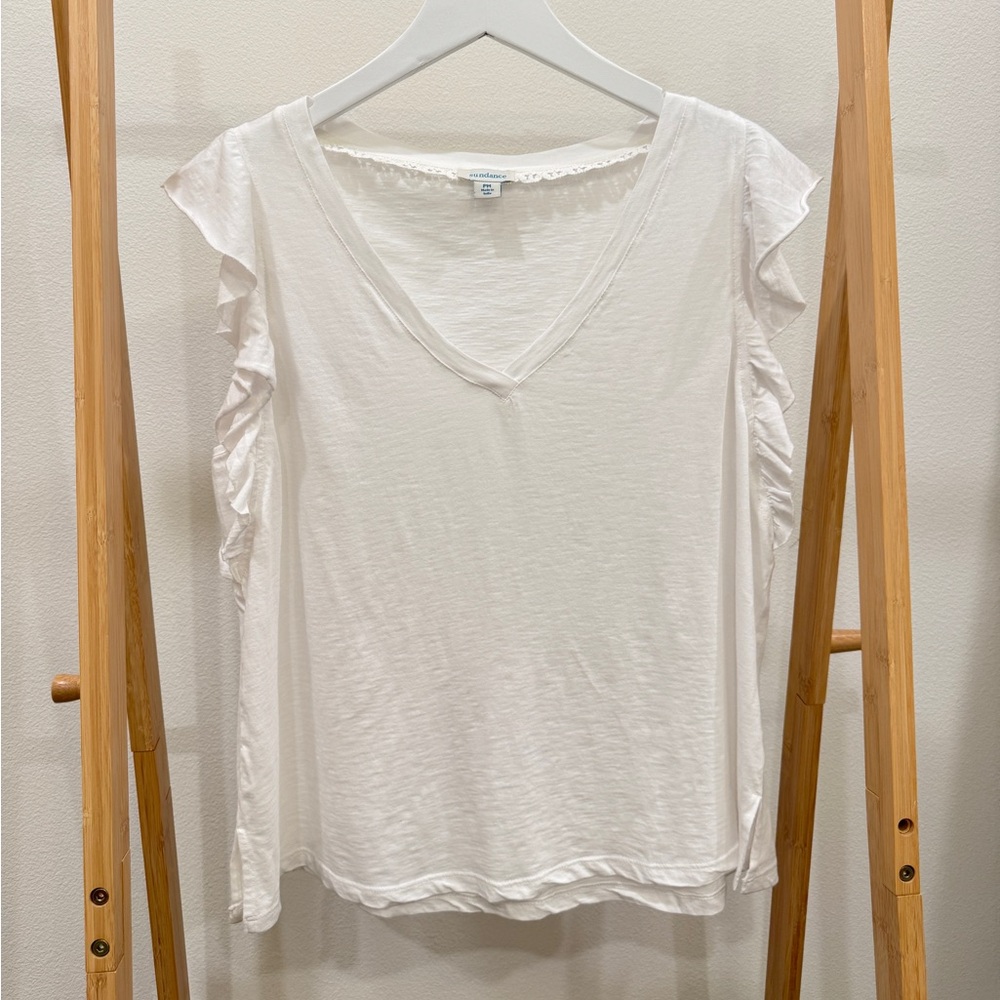 Sundance White V-Neck Ruffle Sleeve Tee